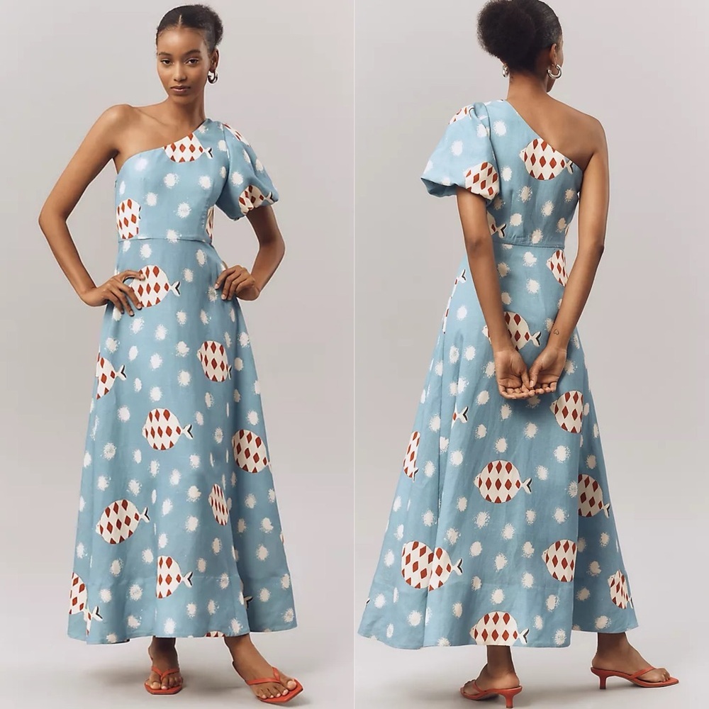 Hunter Bell Carmen One-Shoulder Linen Midi Dress Fish Print Size 0 NWT